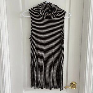 Black and Oatmeal Striped Halter Turtleneck Mini Dress